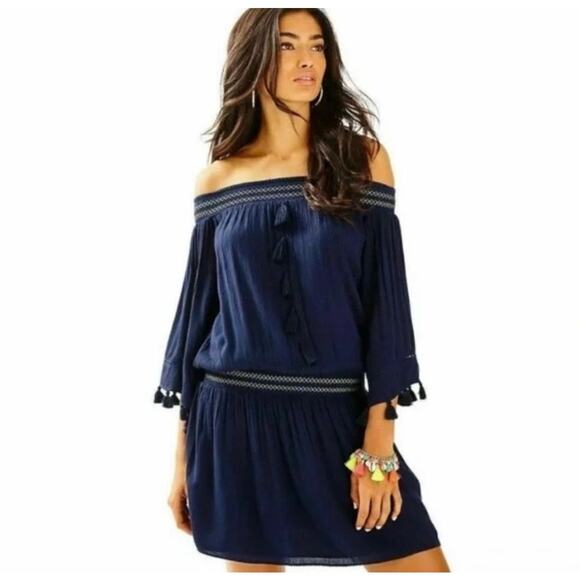 Lilly Pulitzer Women’s Navy Joelle Dress Boho Off The Shoulder Vacation Resort S - Picture 1 of 12
